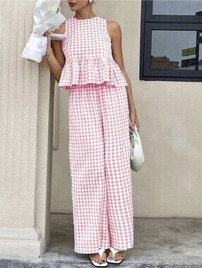 Gingham Set with Sleeveless Top And Wide Leg Pants - Pink And White